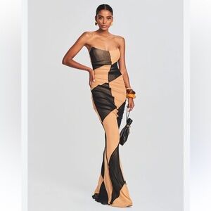 Retrofete Strapless Colorblock Gown in Black and Tan
